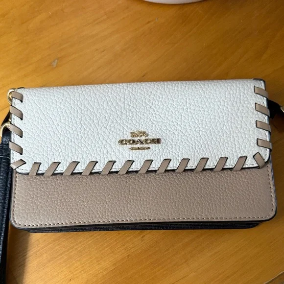 Coach Two-Tone Cream & Taupe Leather Crossbody Wristlet with Black Strap - Picture 2 of 16